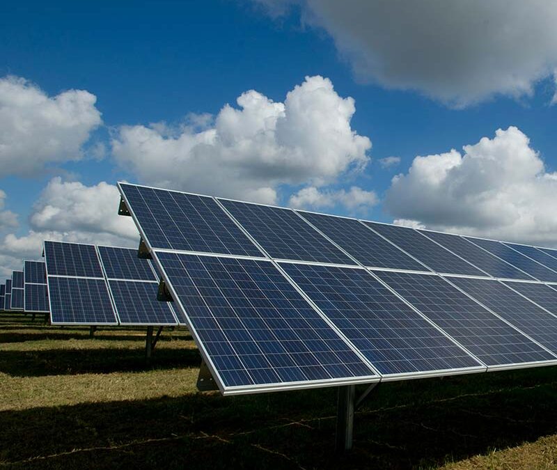 Une installation photovoltaïque au sol produisant une énergie renouvelable stable, sous un ciel dégagé. Un parc solaire typique des grandes centrales qui alimentent durablement les territoires.
